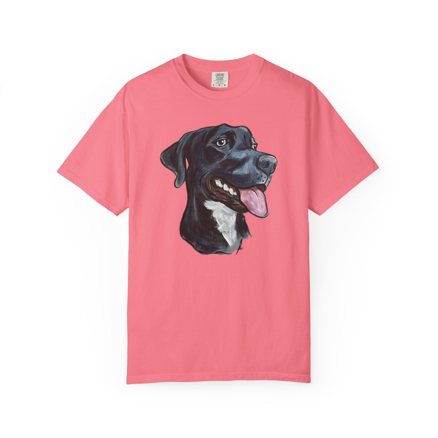 Pink t-shirt with a custom hand painted pet caricature portrait graphic on a white background