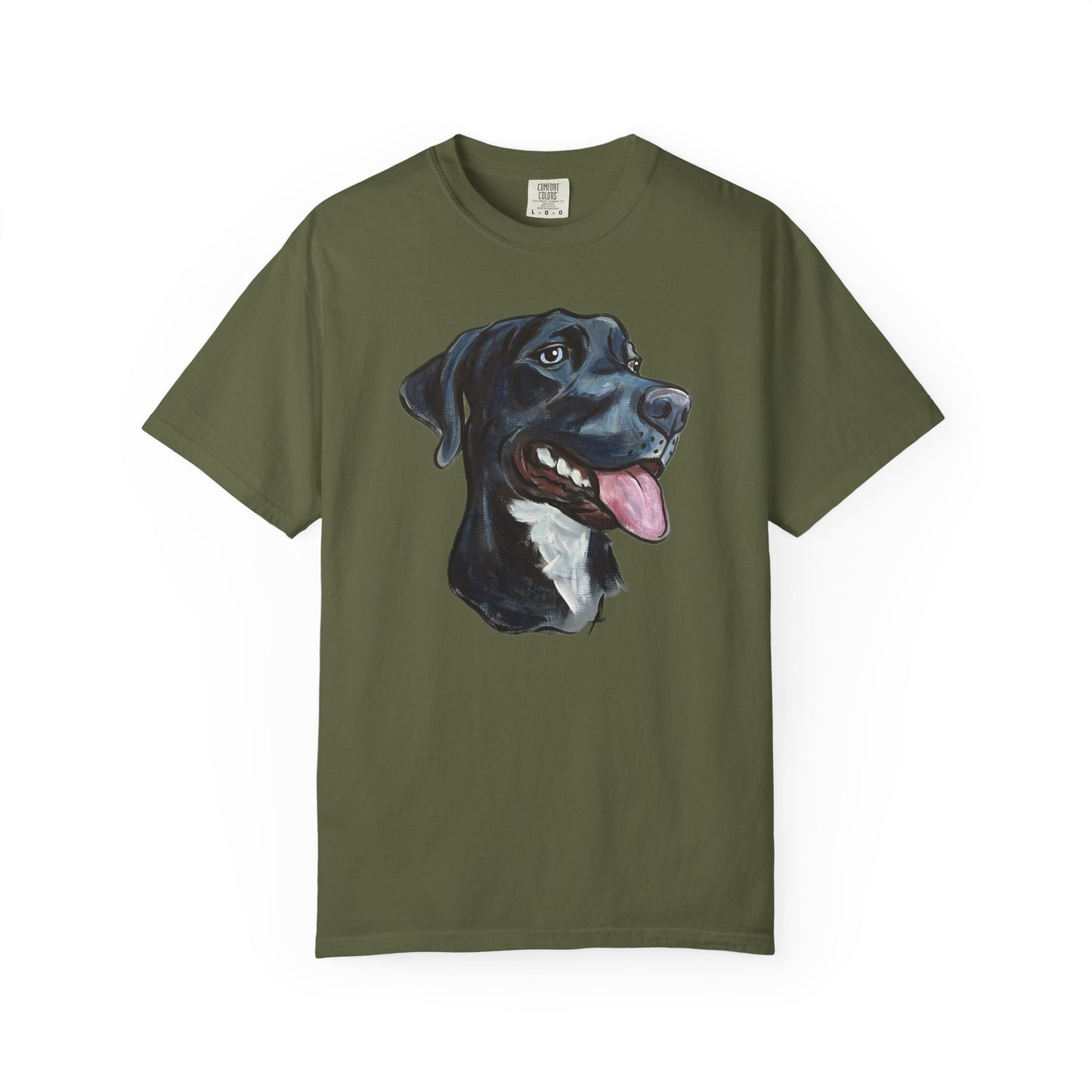 gREEN t-shirt with a custom hand painted pet caricature portrait graphic on a white background