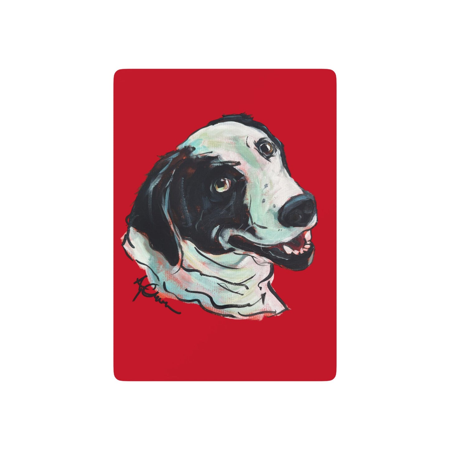 red playing card featuring a hand drawn custom dog caricature portrait.