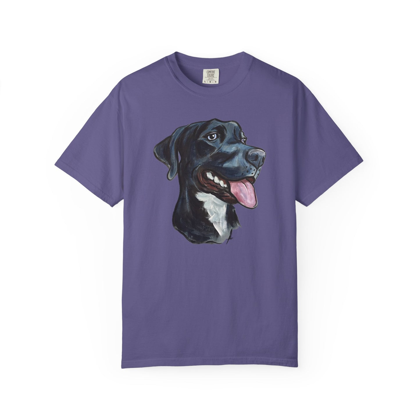 Purple t-shirt with a custom hand painted pet caricature portrait graphic on a white background