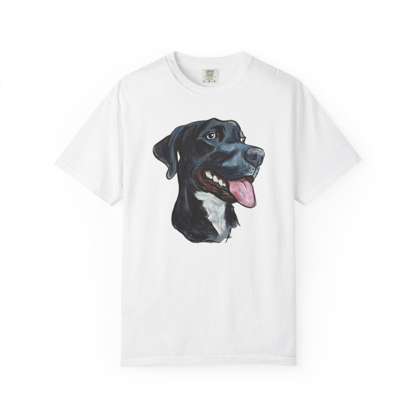 WHITE t-shirt with a custom hand painted pet caricature portrait graphic on a white background