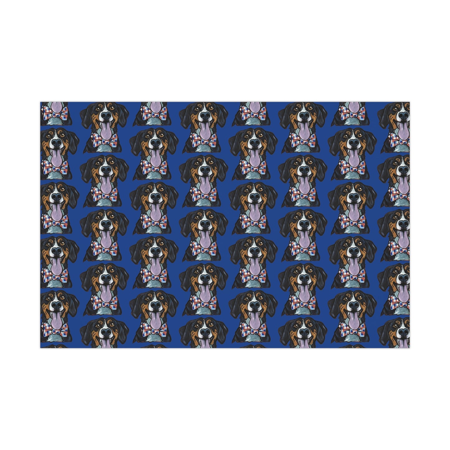 Pattern of a dog with a bow tie on a blue background