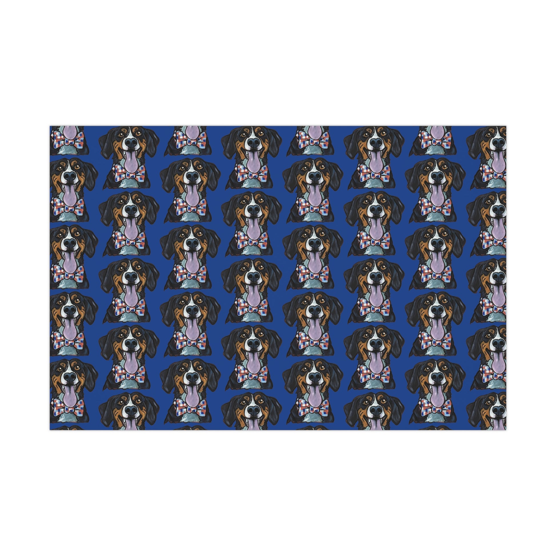 Pattern of a dog with a bow tie on a blue background