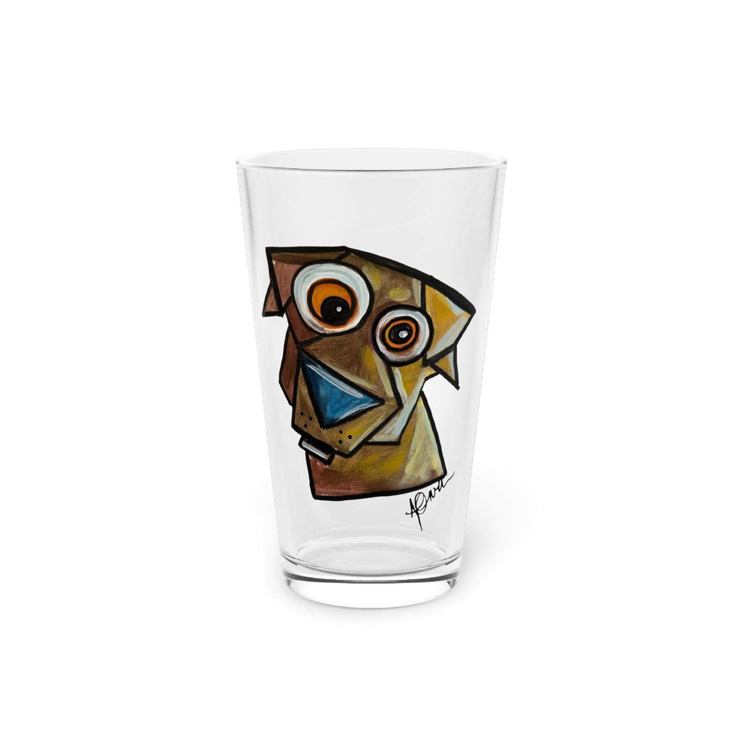 Clear glass with a colorful dog illustration on a white background