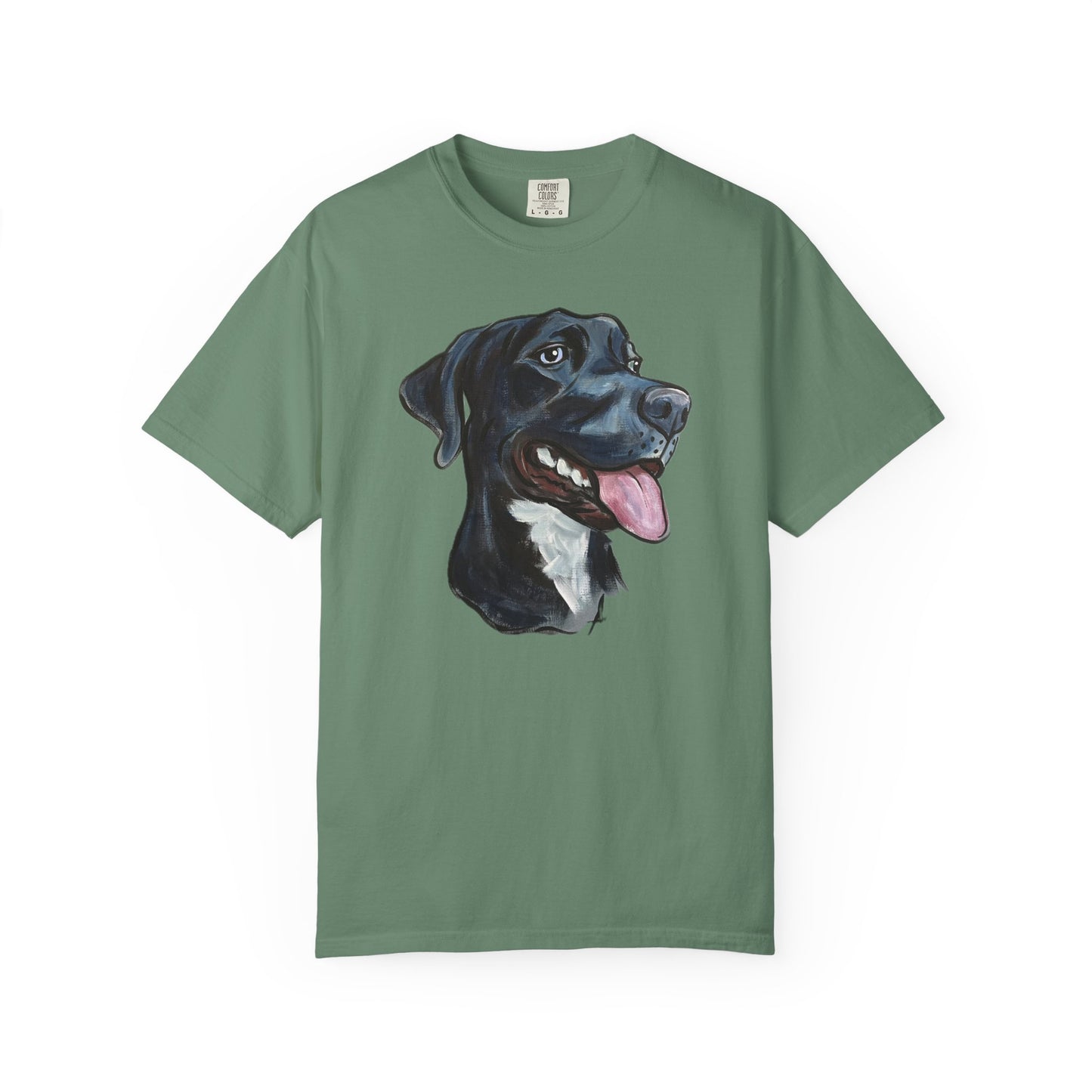 Green t-shirt with a custom hand painted pet caricature portrait graphic on a white background