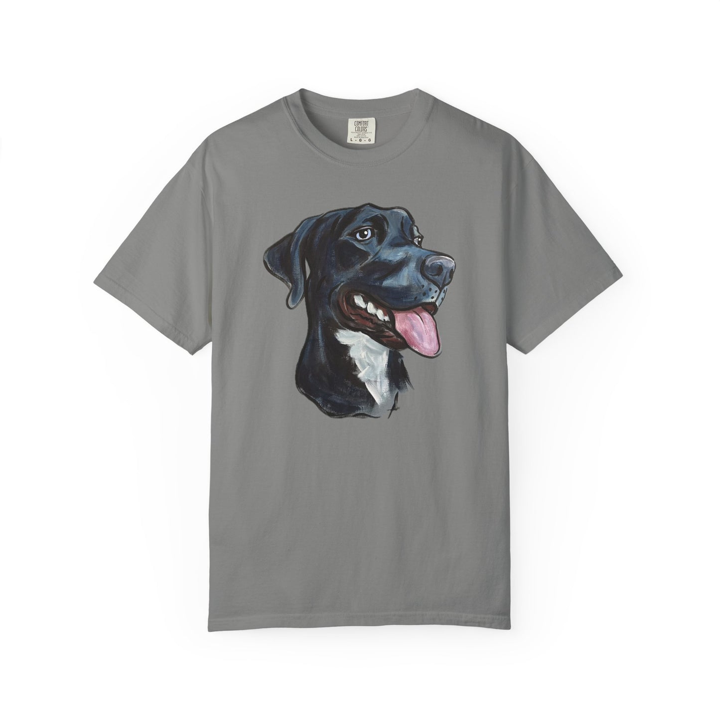 GREY t-shirt with a custom hand painted pet caricature portrait graphic on a white background