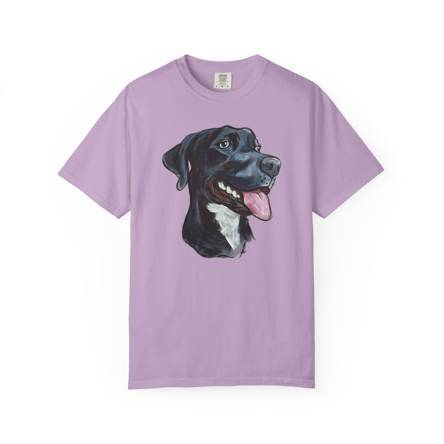 Purple t-shirt with a custom hand painted pet caricature portrait graphic on a white background
