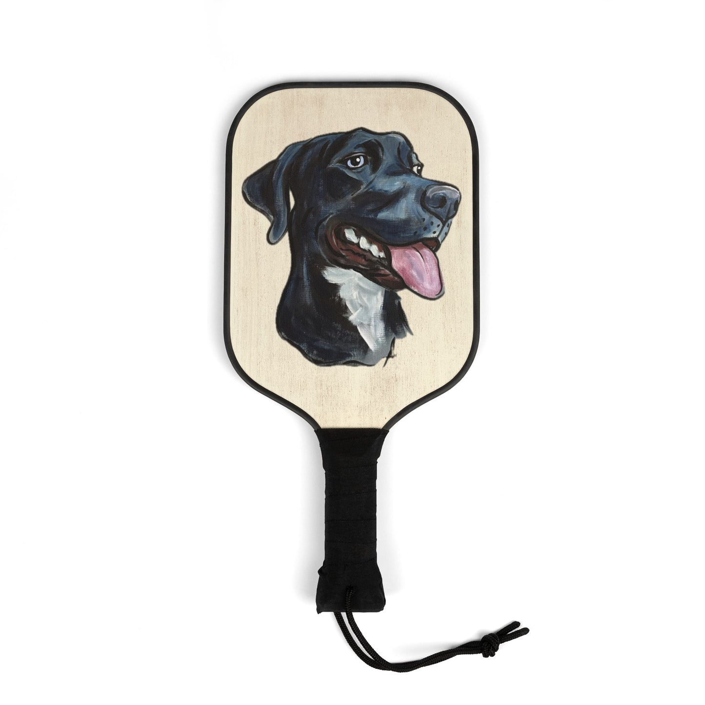Pickleball paddle with a custom dog caricature portrait design on a white background