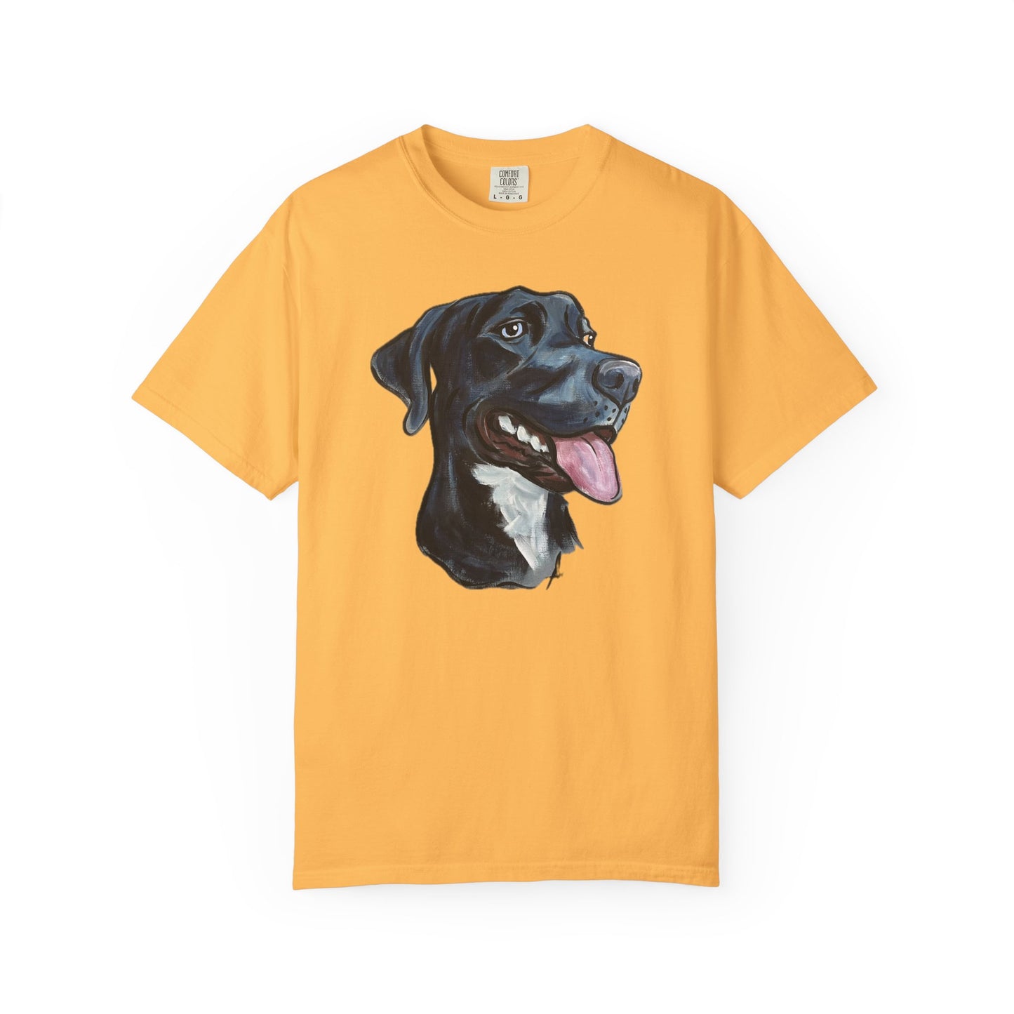 Yellow t-shirt with a custom hand painted pet caricature portrait graphic on a white background