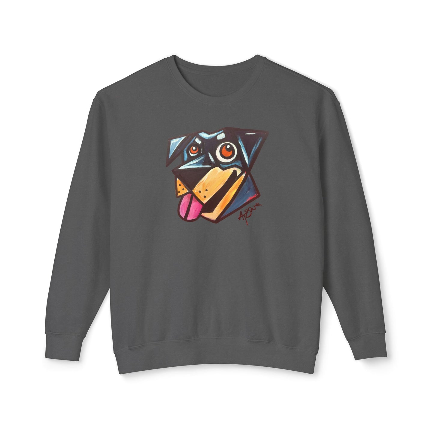 Gray sweatshirt with a colorful dog graphic on a white background
