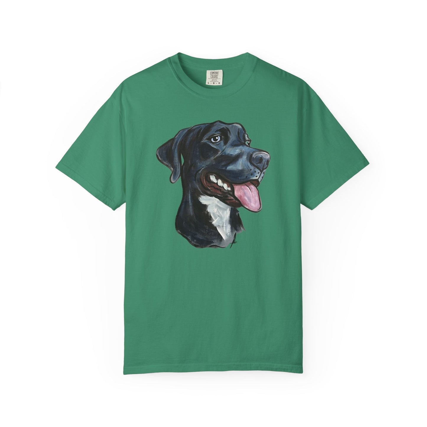 GREEN t-shirt with a custom hand painted pet caricature portrait graphic on a white background