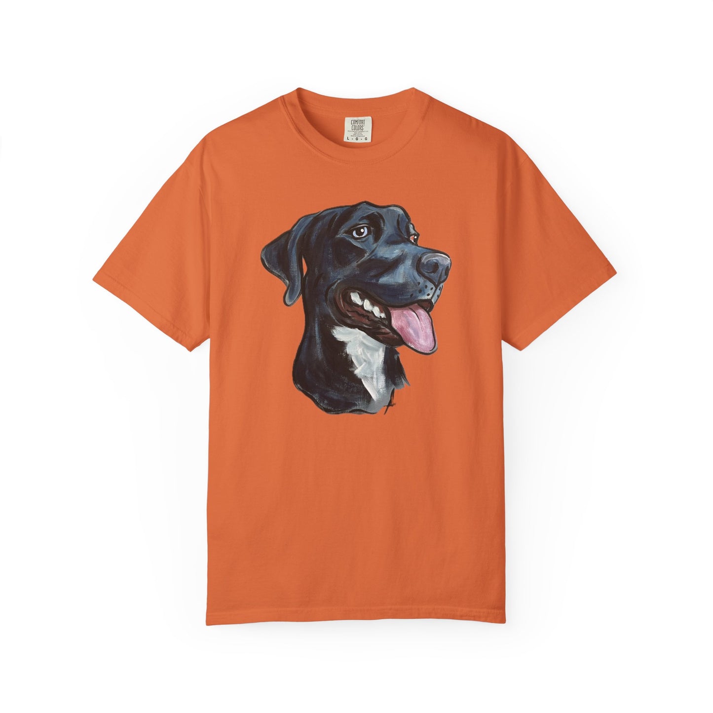 orange t-shirt with a custom hand painted pet caricature portrait graphic on a white background