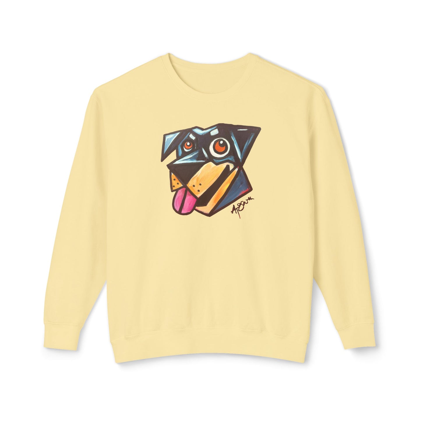 Yellow sweatshirt with a colorful dog graphic on a white background