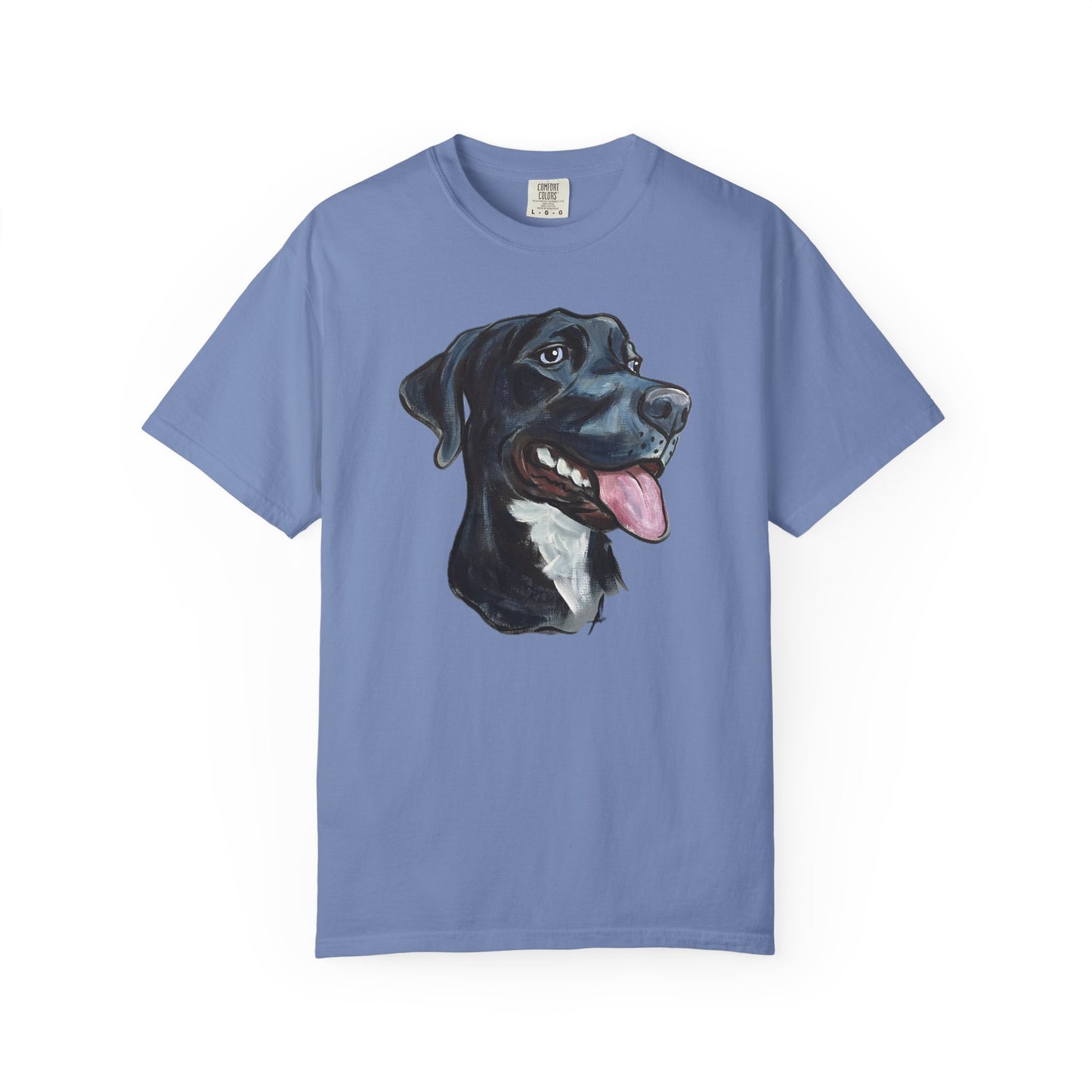 blue t-shirt with a custom hand painted pet caricature portrait graphic on a white background