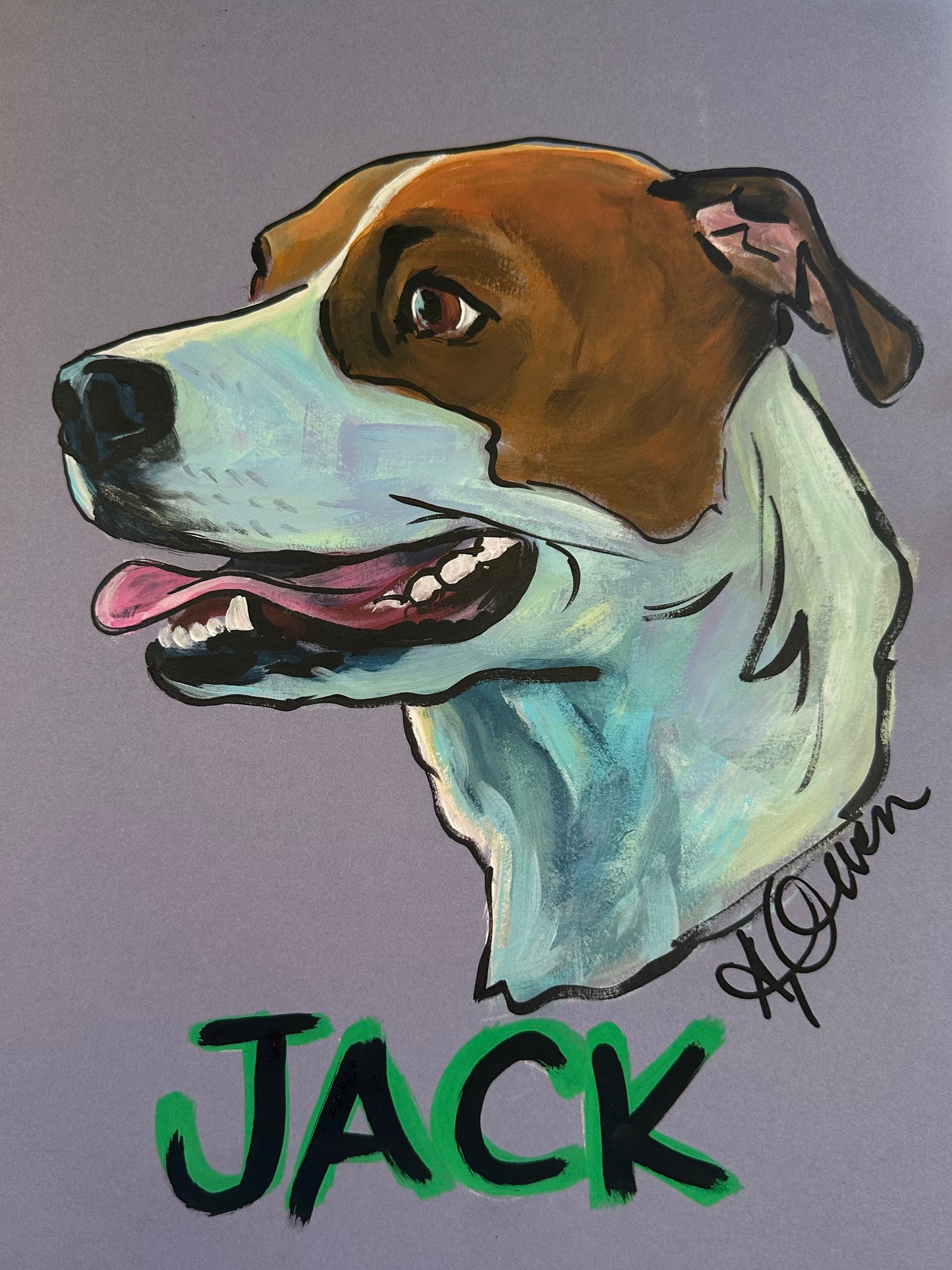 Painting of a dog named Jack on a gray background