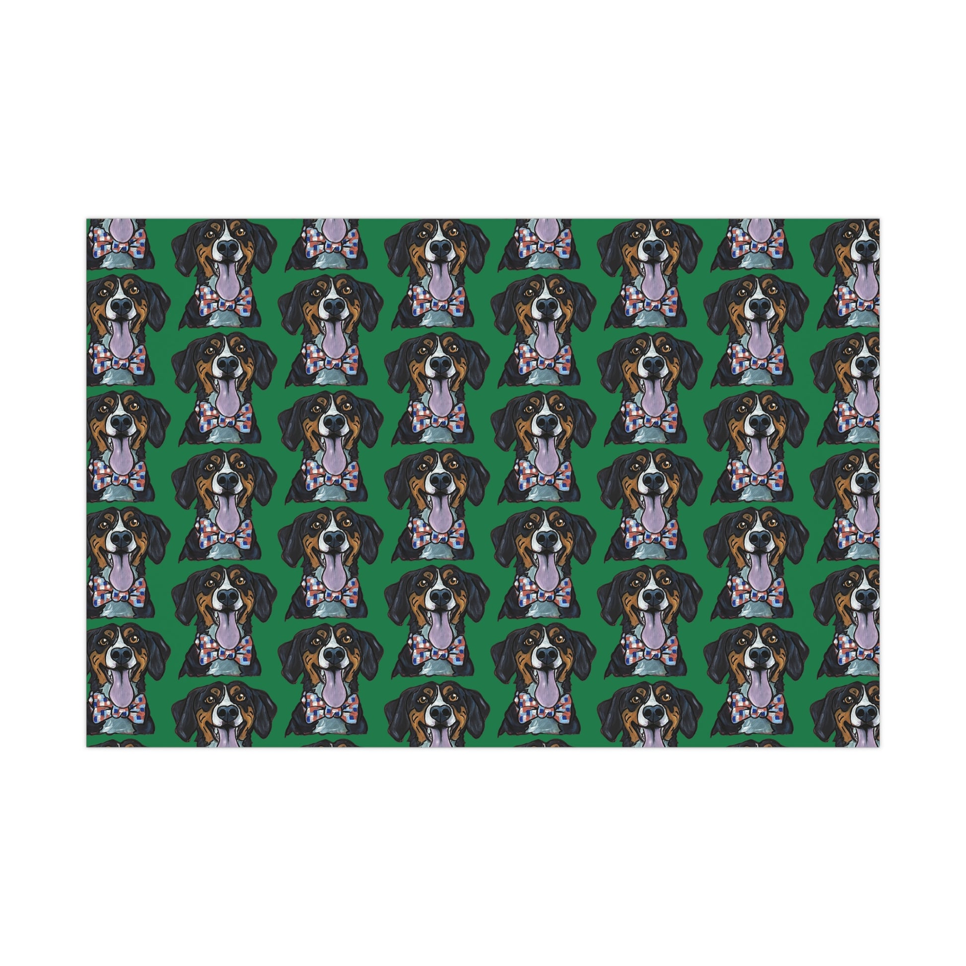 green wrapping paper featuring custom hand drawn dog caricature portrait