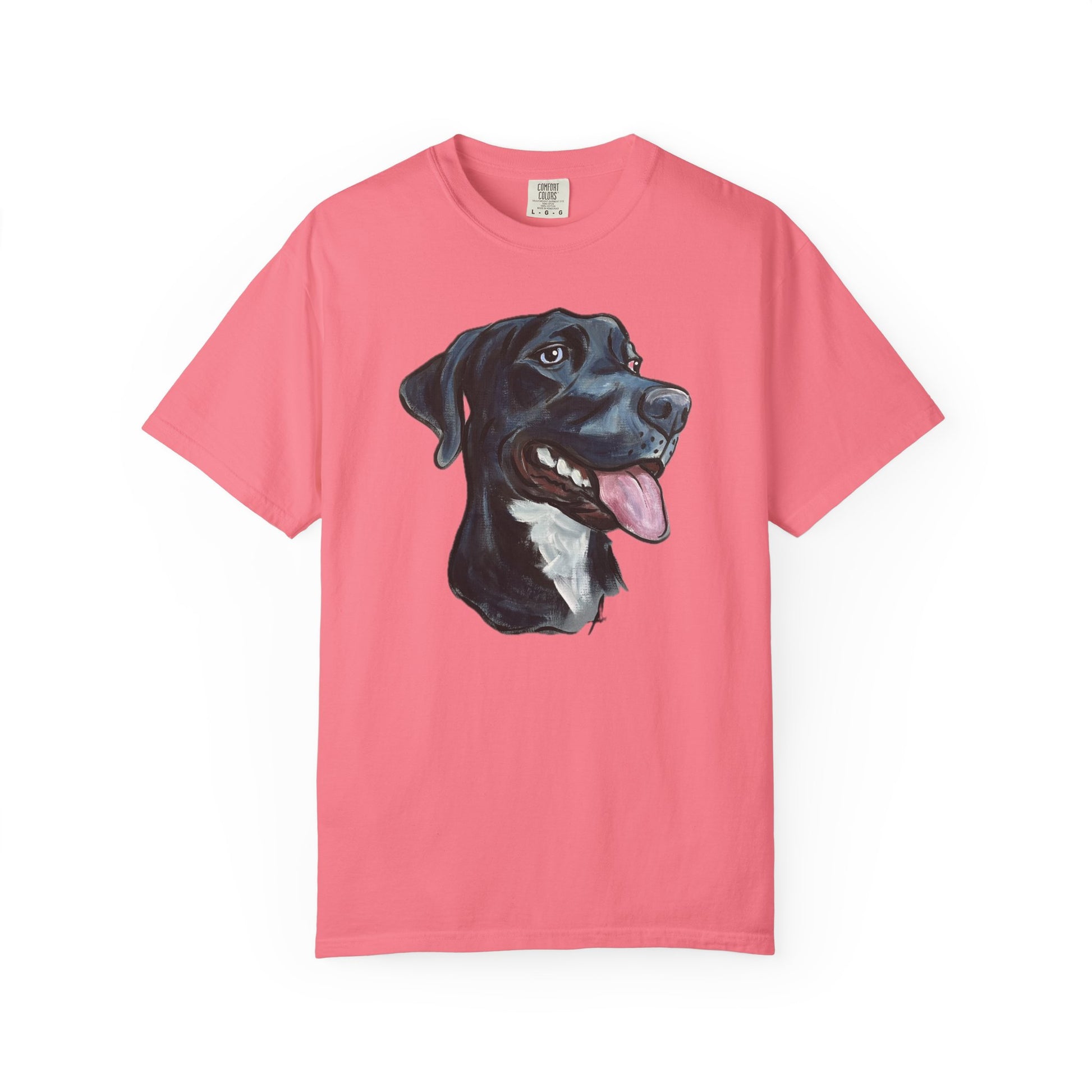 Pink t-shirt with a custom hand painted pet caricature portrait graphic on a white background