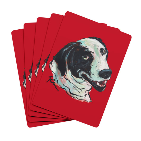 Set of red playing cards featuring a hand drawn custom dog caricature portrait. 