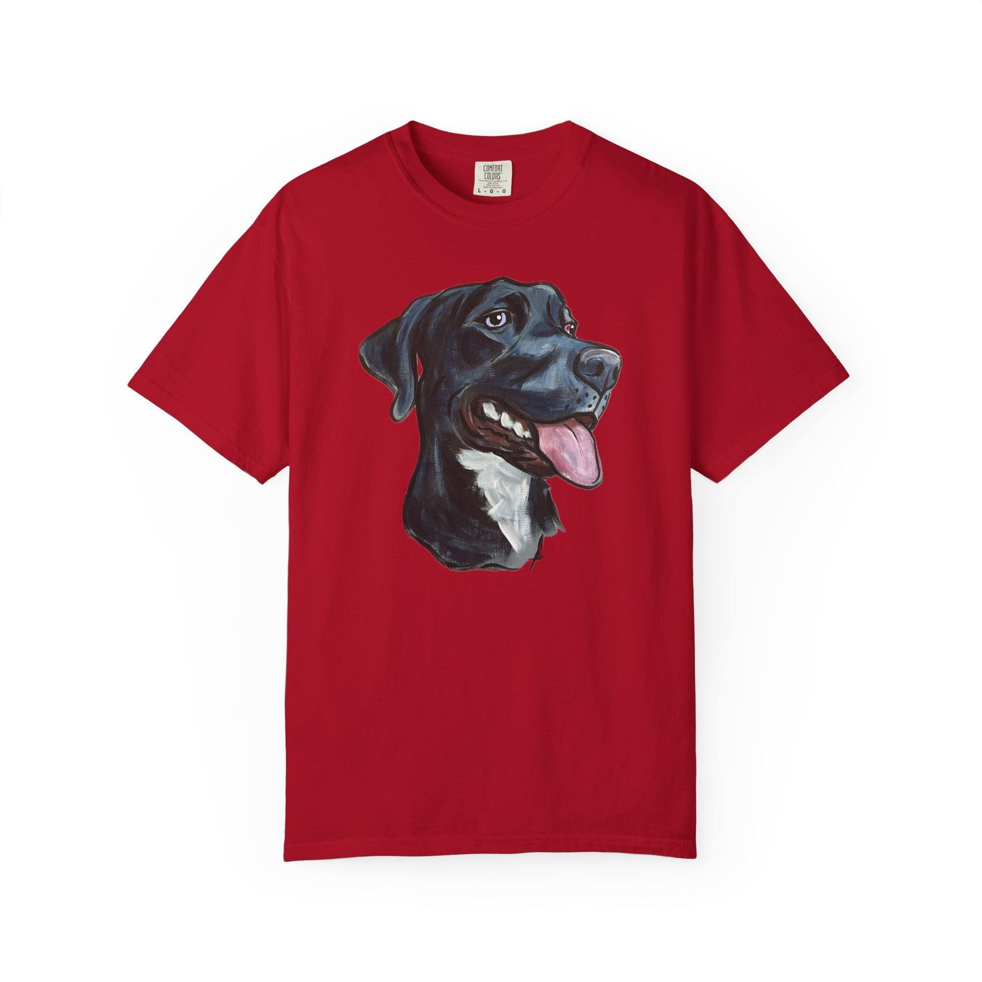 RED t-shirt with a custom hand painted pet caricature portrait graphic on a white background