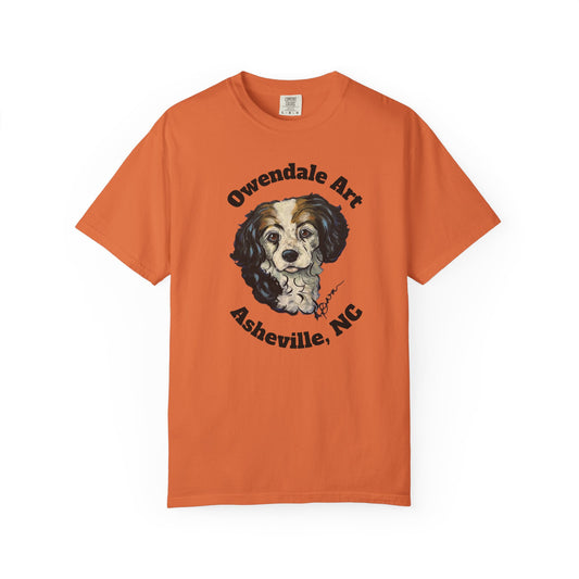 Orange t-shirt with a dog graphic with text  that says Owendale Art Asheville, NC