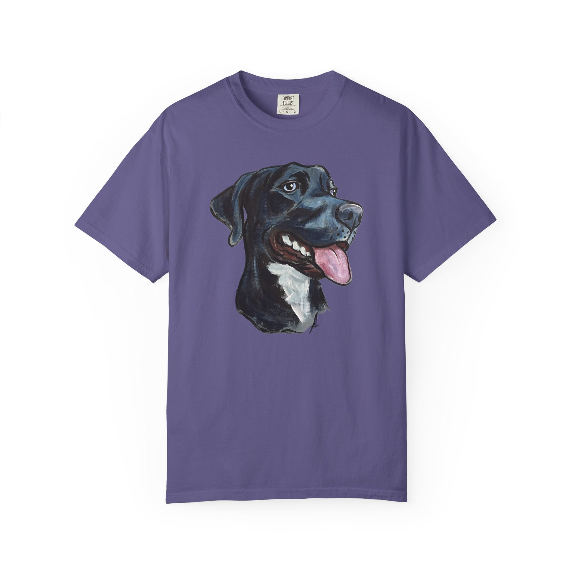Purple t-shirt with a custom hand painted pet caricature portrait graphic on a white background