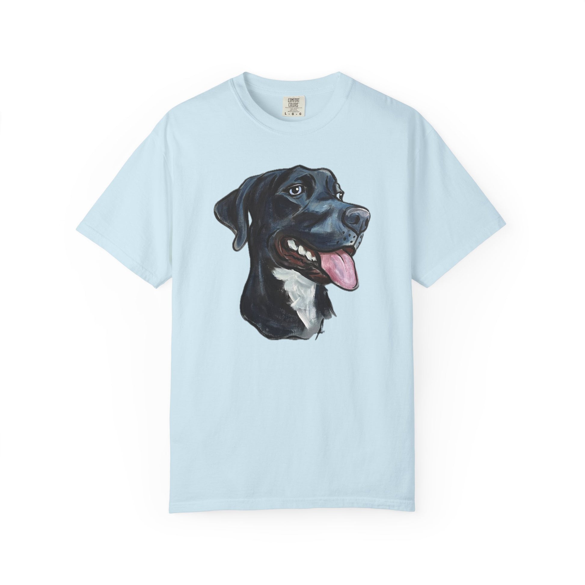 light blue t-shirt with a custom hand painted pet caricature portrait graphic on a white background