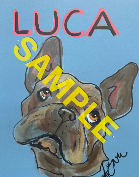 Hand Painted Custom Caricature of a dog named Luca on a blue background